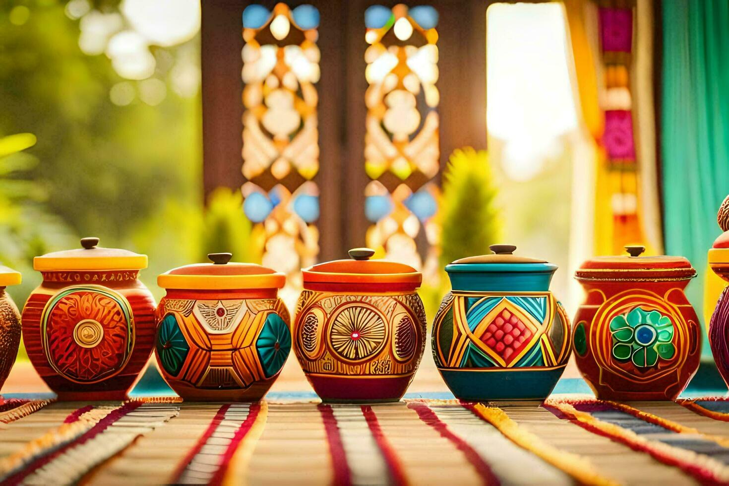 colorful pots on a table with a window in the background. AI-Generated photo
