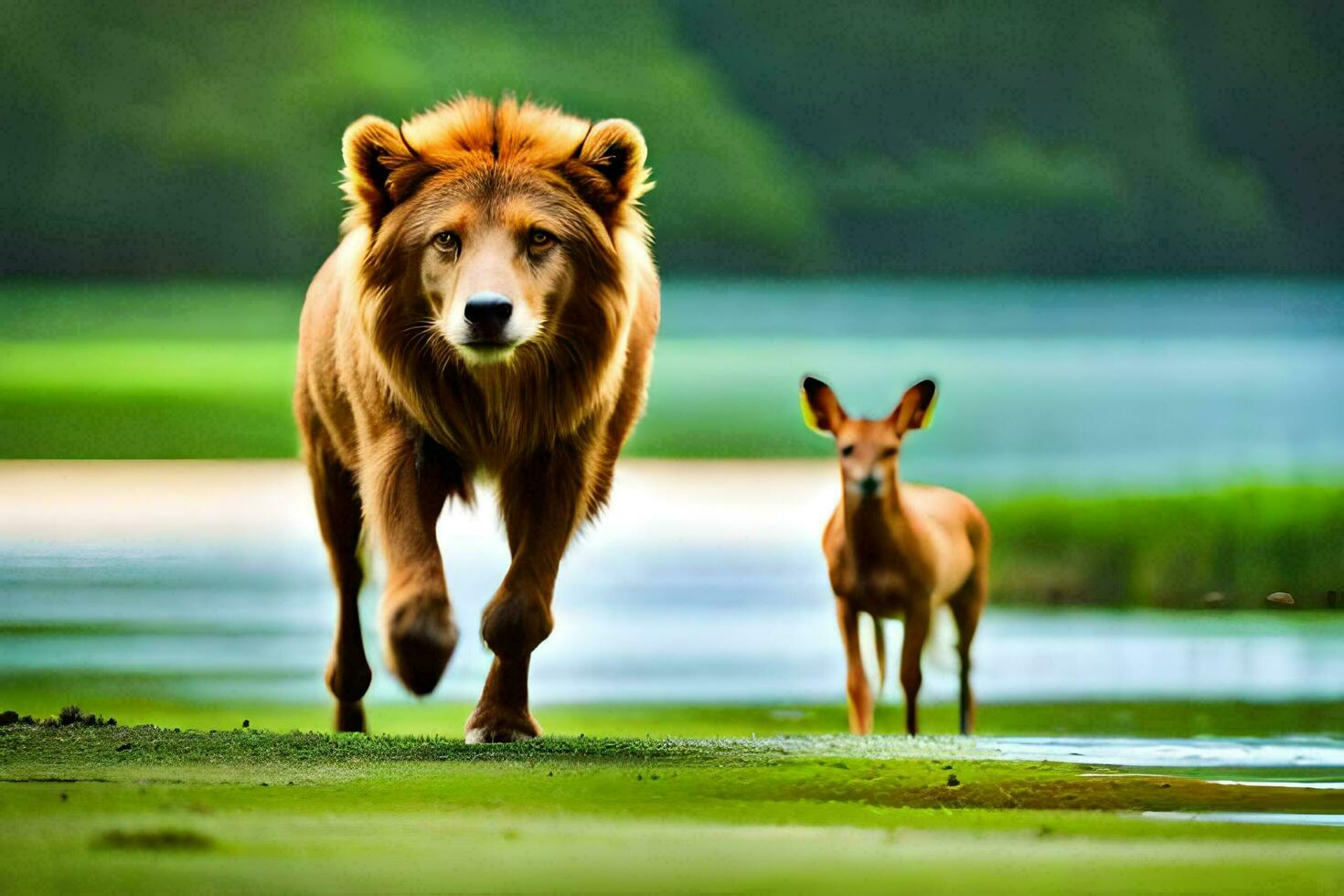 un león y un ciervo caminando en el césped. generado por ai foto