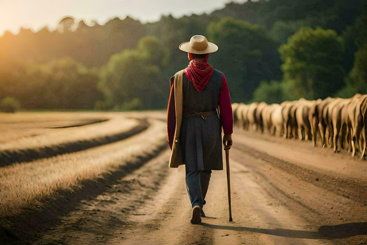 a man in a cowboy hat and red hat walking down a dirt road with a herd of cattle. AI-Generated photo