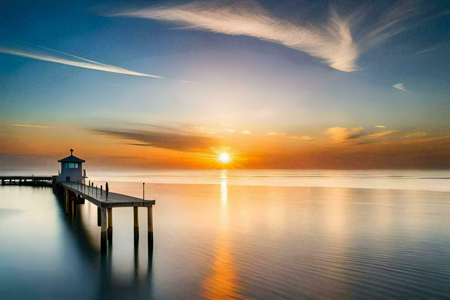 a pier with a lighthouse at sunset. AI-Generated photo