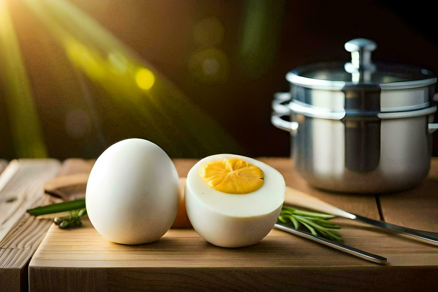 two hard boiled eggs on a table with a pot and a knife. AI-Generated photo