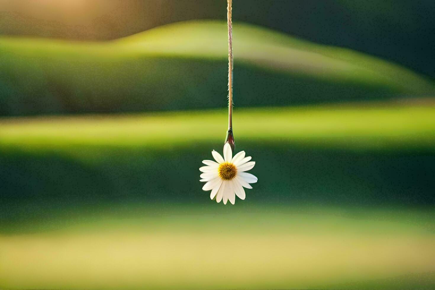 a daisy hanging from a string in front of a green field. AI-Generated photo