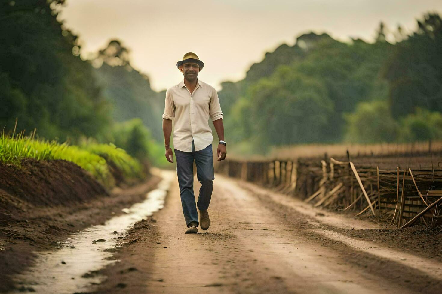 un hombre caminando abajo un suciedad la carretera en el medio de un campo. generado por ai foto