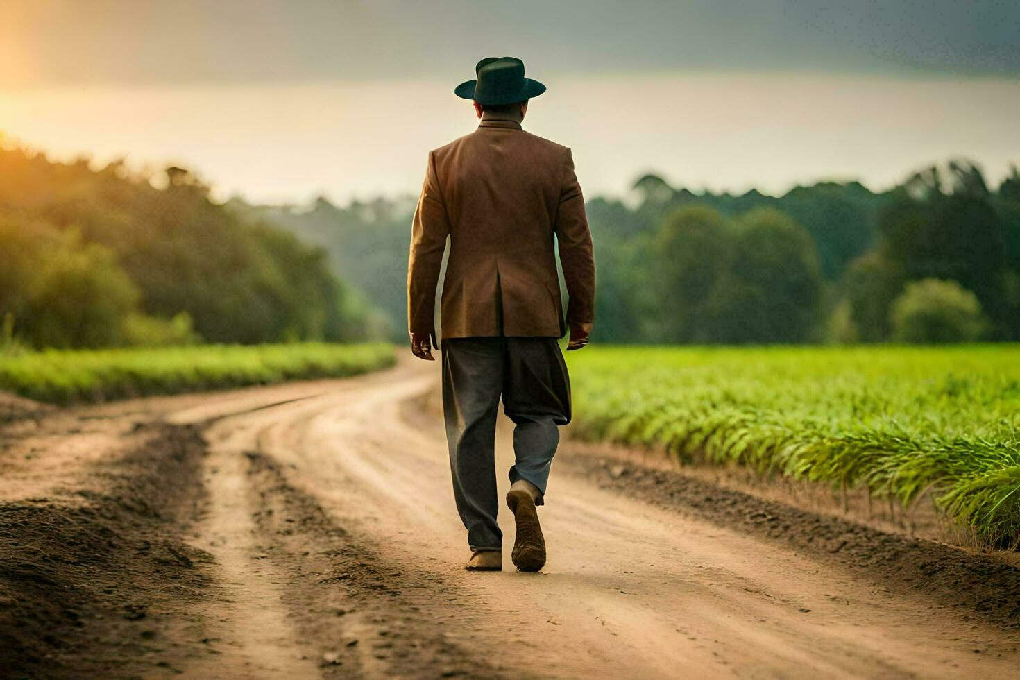 un hombre en un sombrero y traje caminando abajo un suciedad la carretera. generado por ai foto