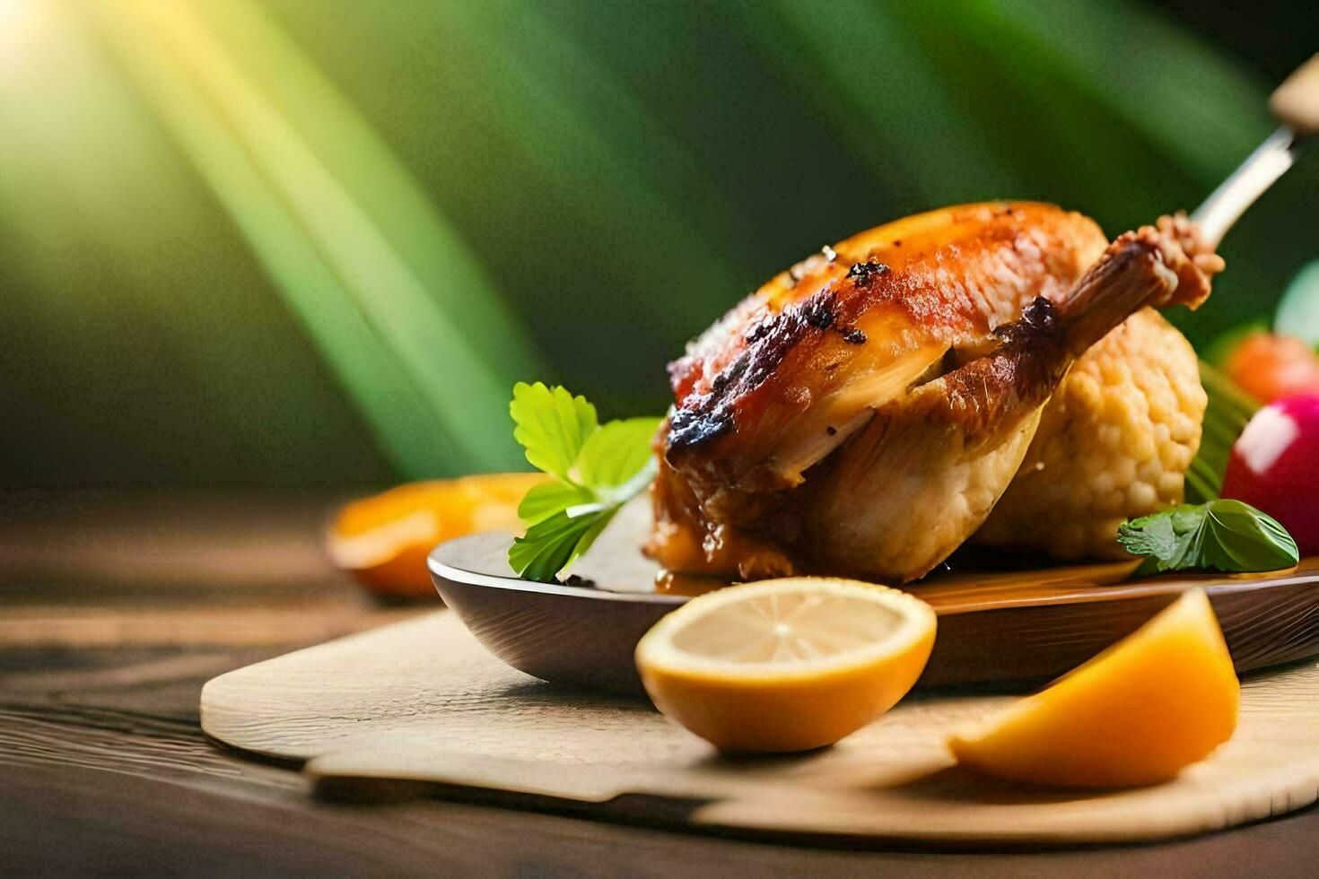 a chicken is served on a wooden plate with a knife and fork. AI-Generated photo