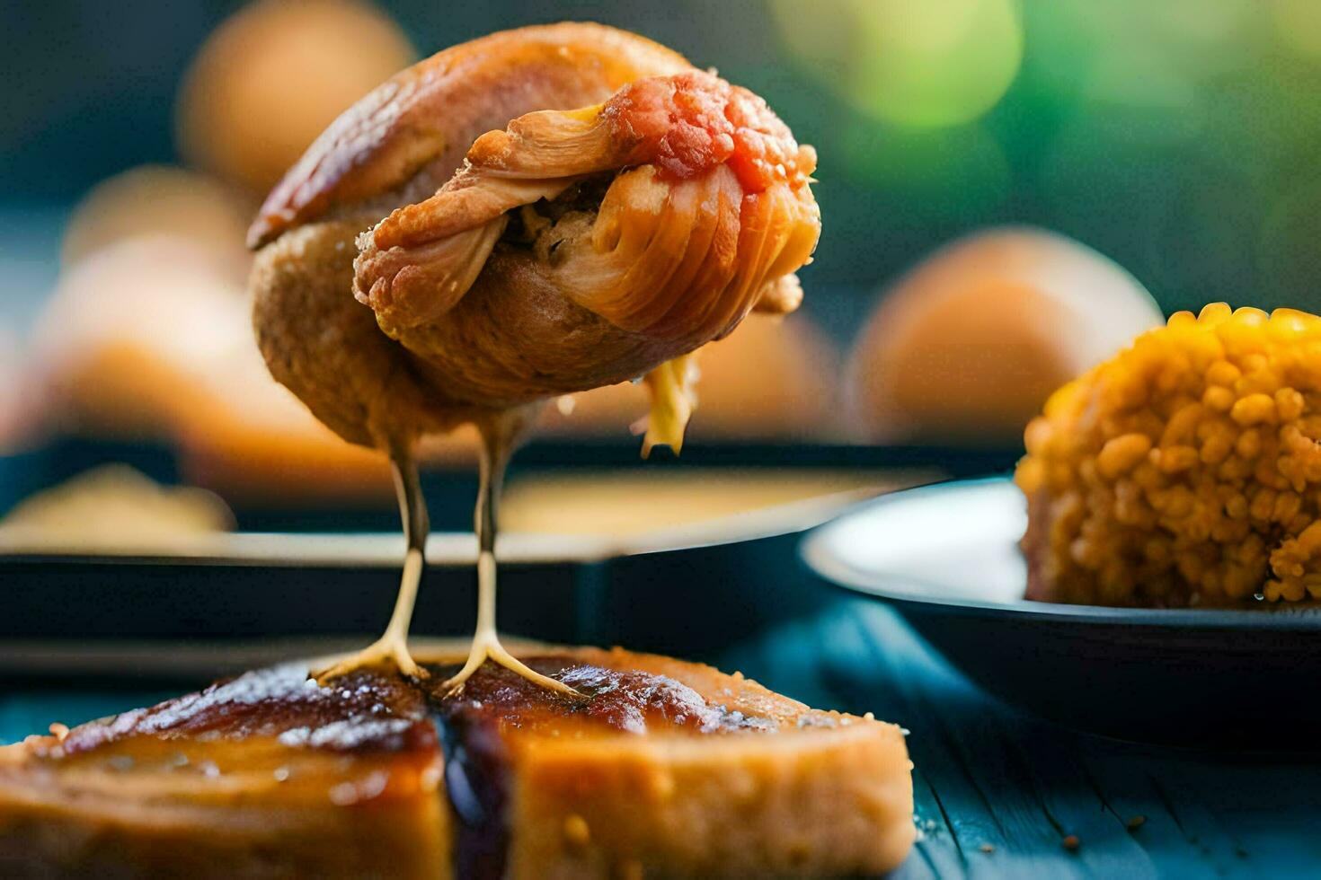 a chicken is sitting on top of a plate. AI-Generated photo