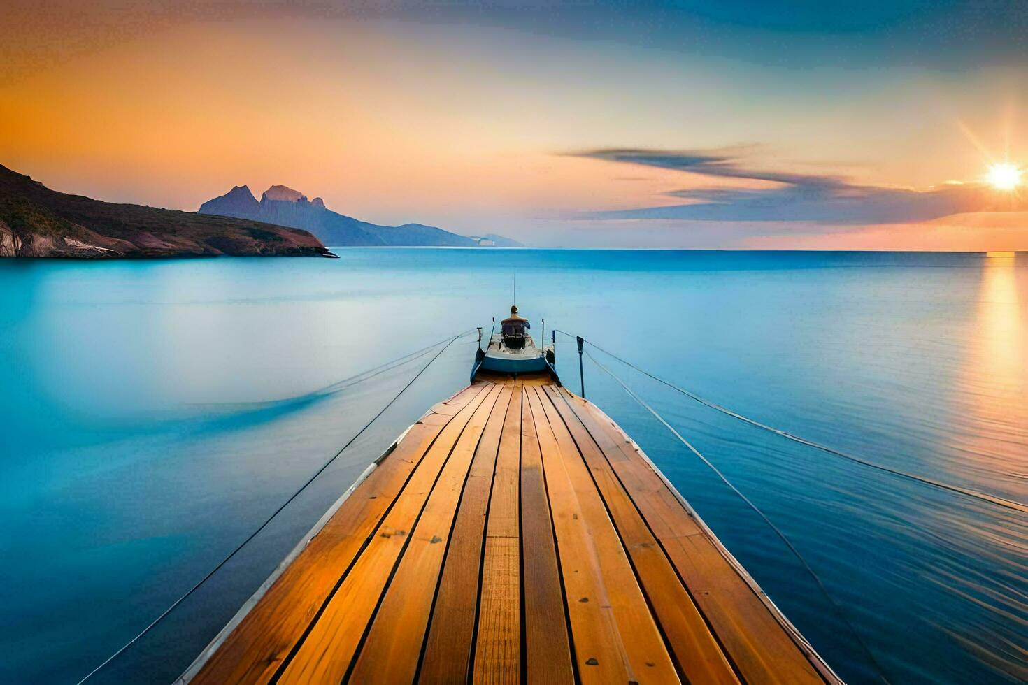 un de madera barco es atracado a el final de un largo muelle. generado por ai foto