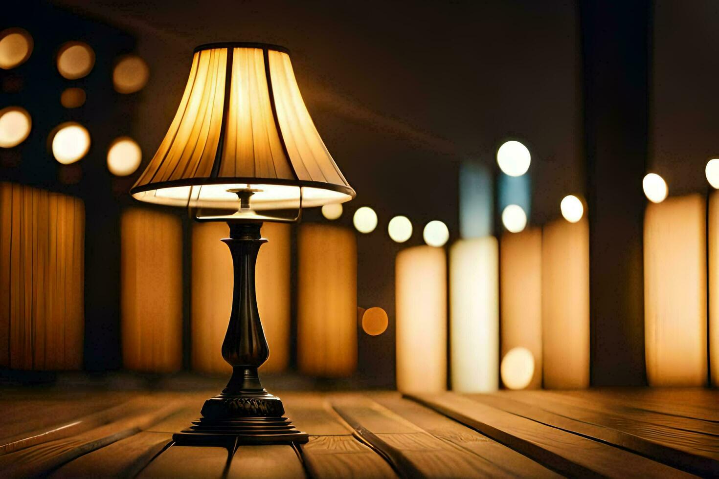 a lamp on a wooden table in front of a city. AI-Generated photo