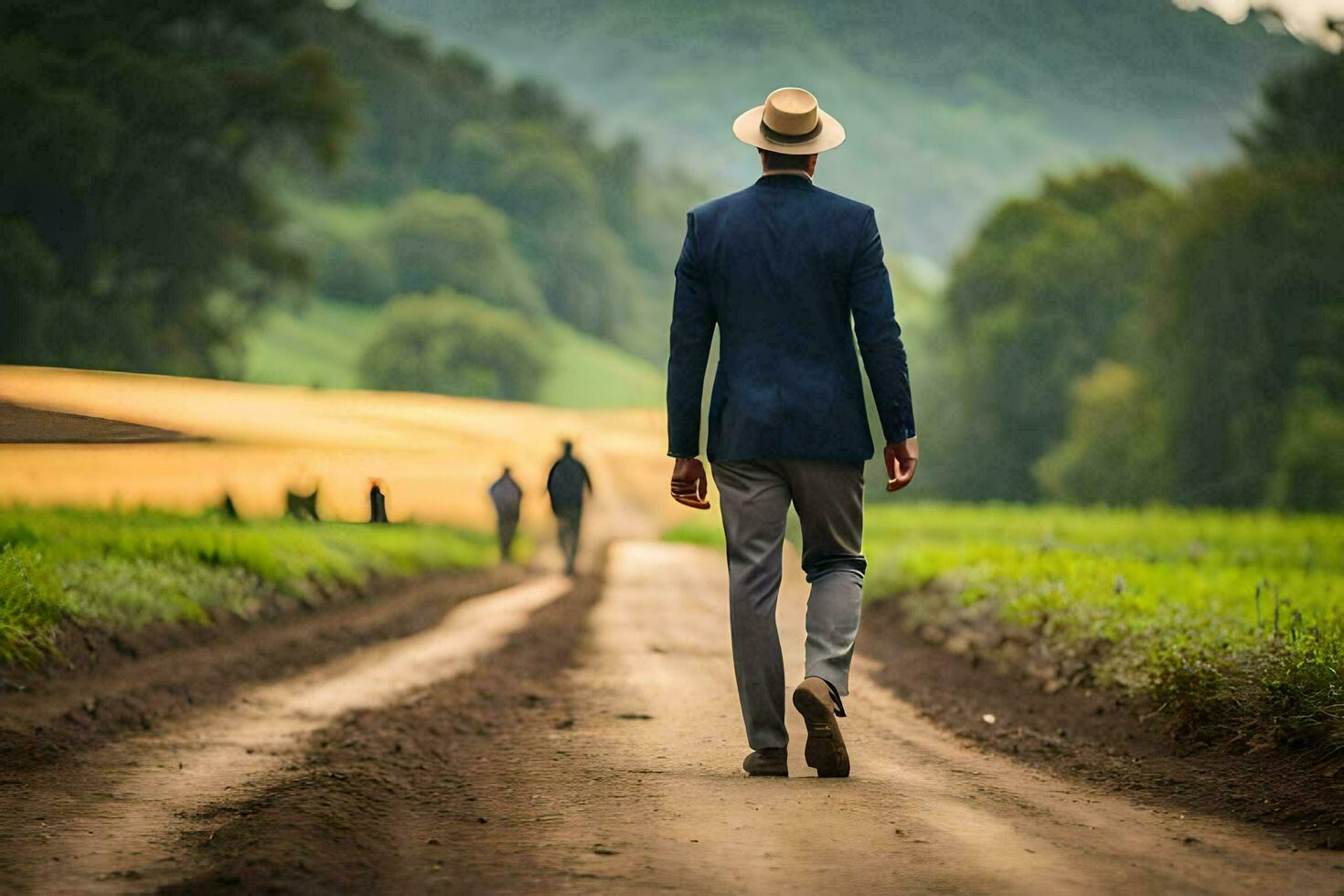 a man in a suit and hat walks down a dirt road. AI-Generated photo