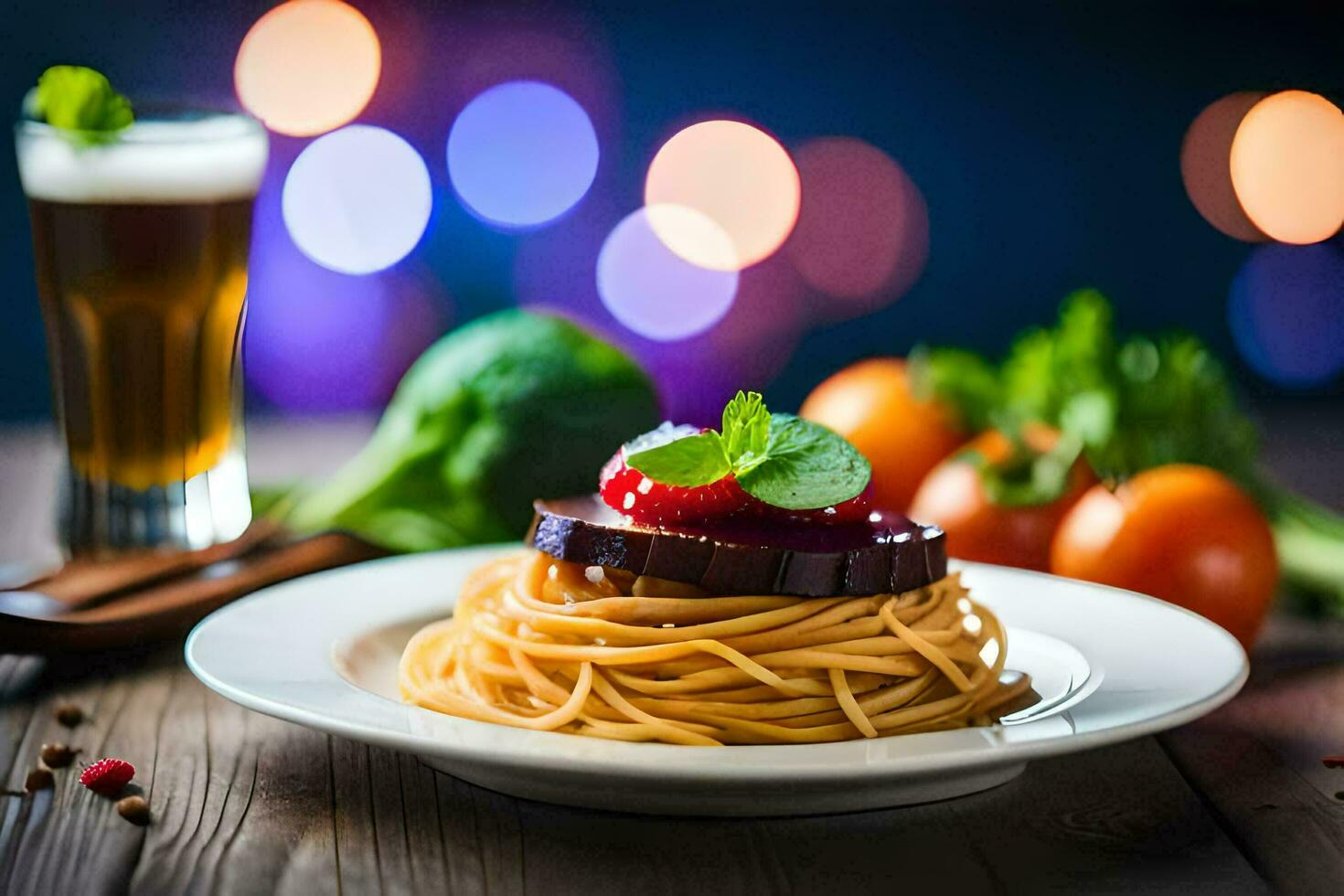 spaghetti with tomato sauce and vegetables on a plate. AI-Generated photo