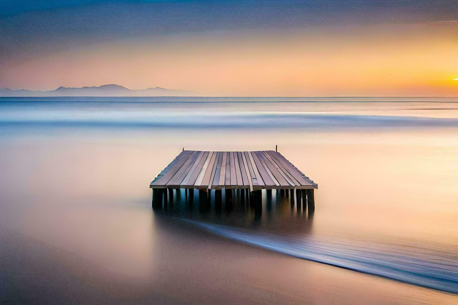 a long exposure photograph of a pier in the ocean. AI-Generated photo