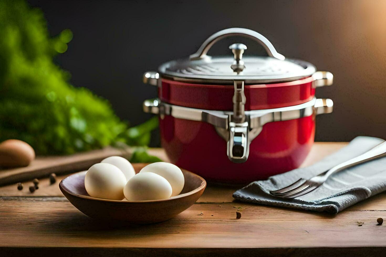a red pot with eggs and a bowl of eggs. AI-Generated photo