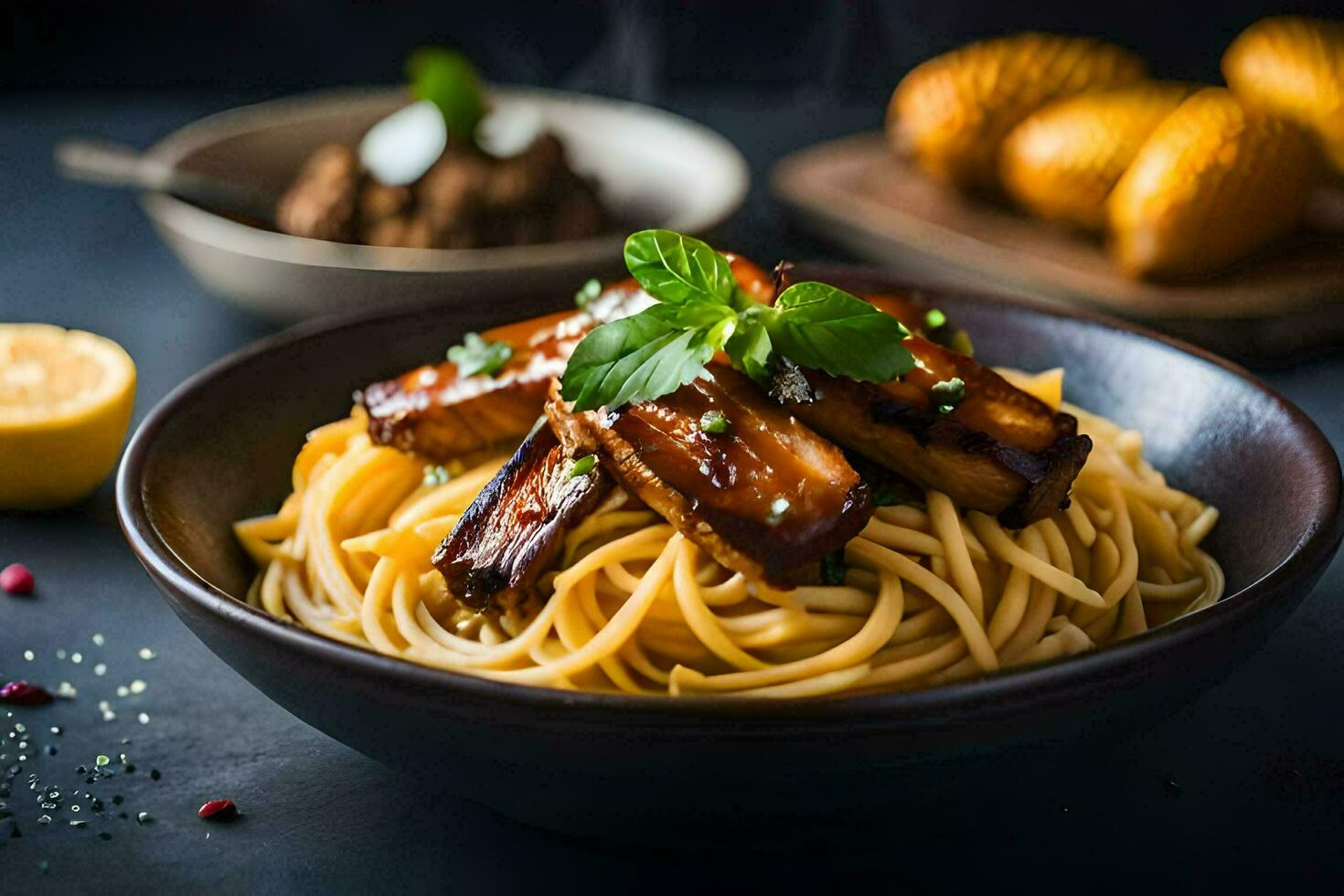 spaghetti with tofu in a bowl. AI-Generated photo