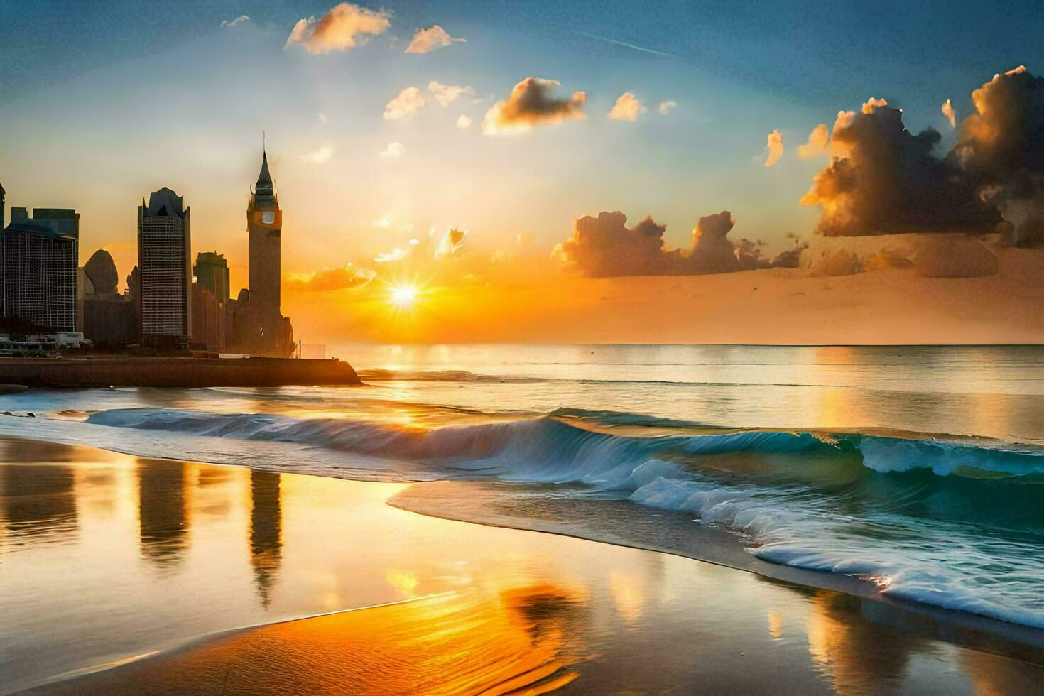 the sun sets over the city skyline and the ocean. AI-Generated photo