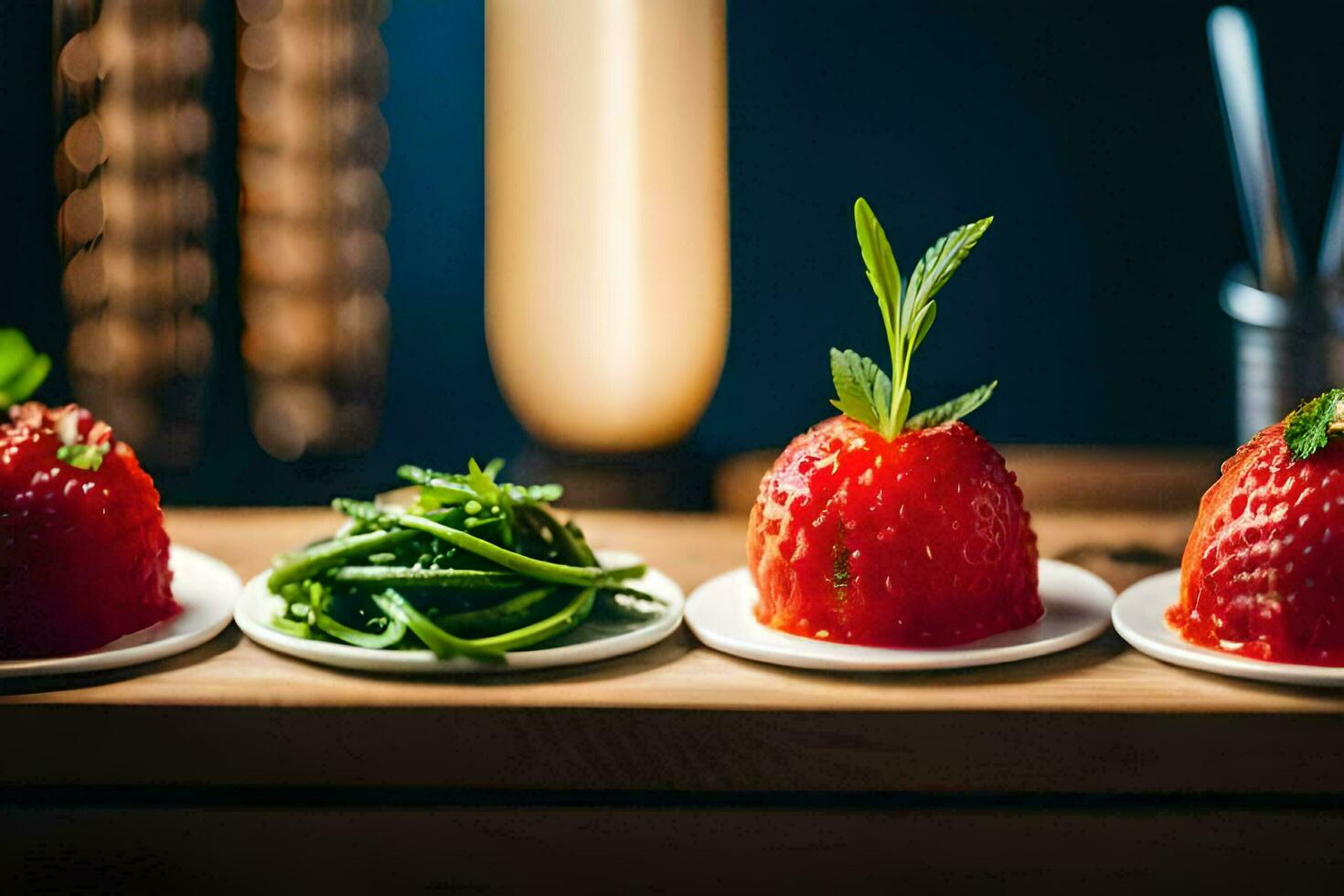 three strawberries on white plates with green leaves. AI-Generated photo