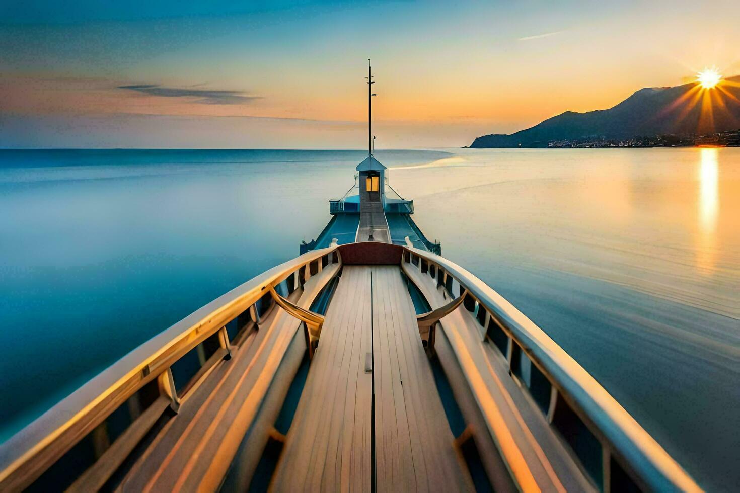 a boat is docked at the end of a long pier. AI-Generated photo