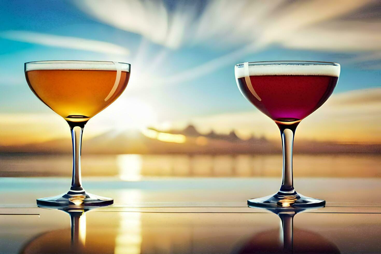 two glasses of alcohol are shown against a sunset. AI-Generated photo