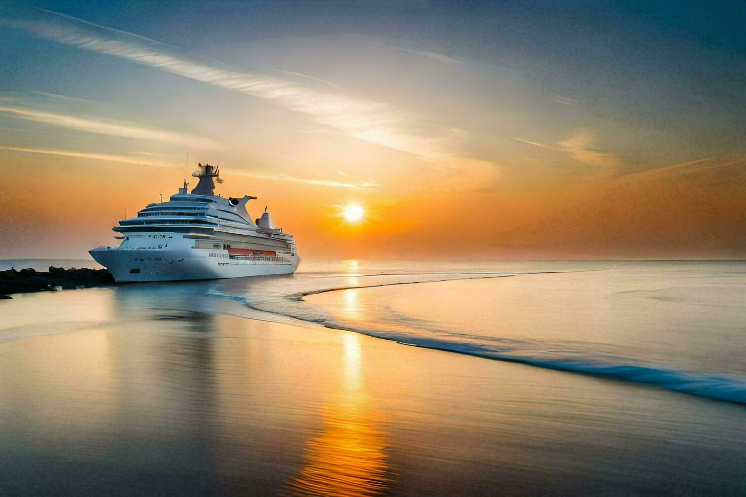 a cruise ship in the ocean at sunset. AI-Generated photo