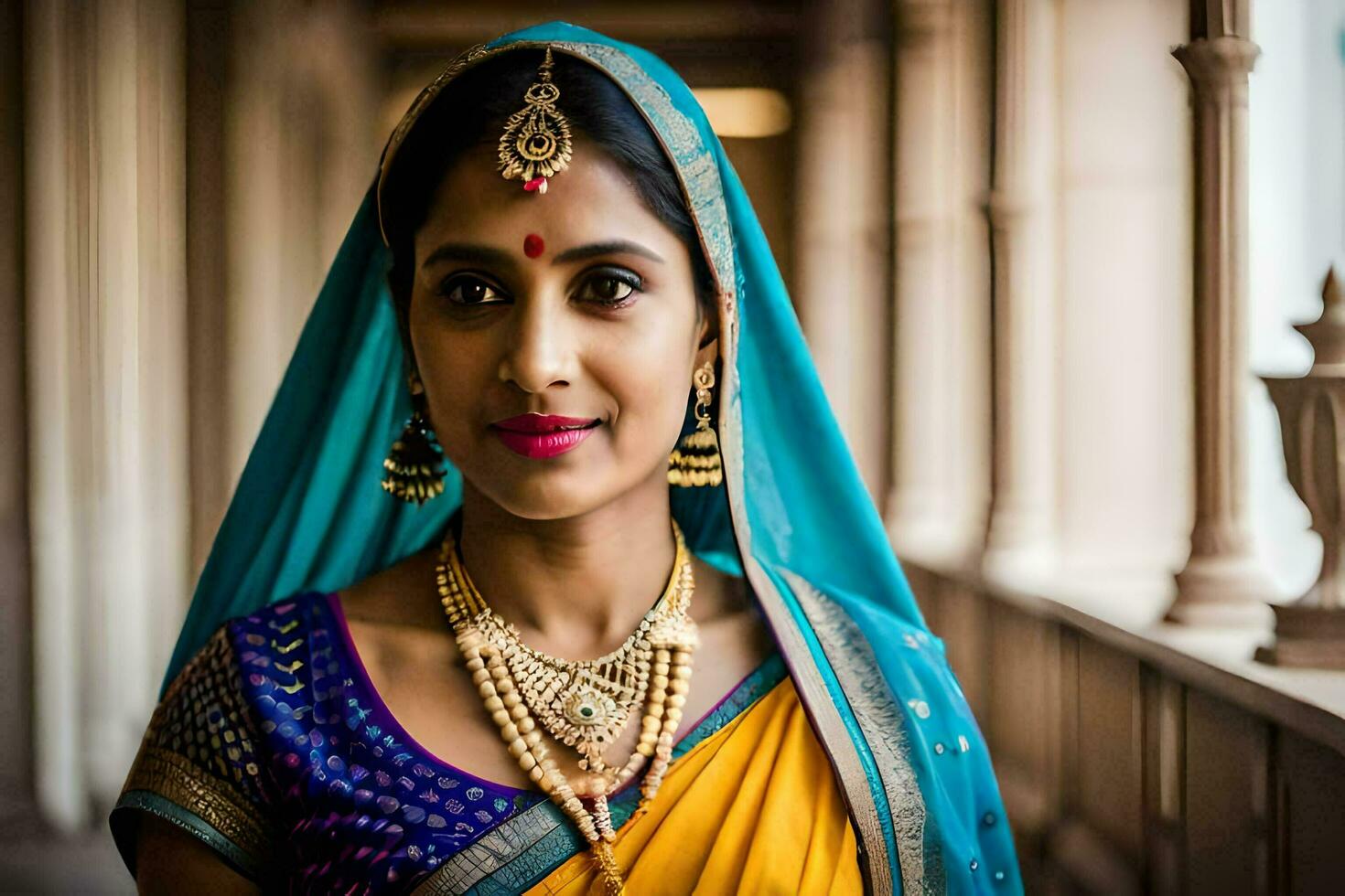 a beautiful indian woman wearing a sari and jewelry. AI-Generated photo