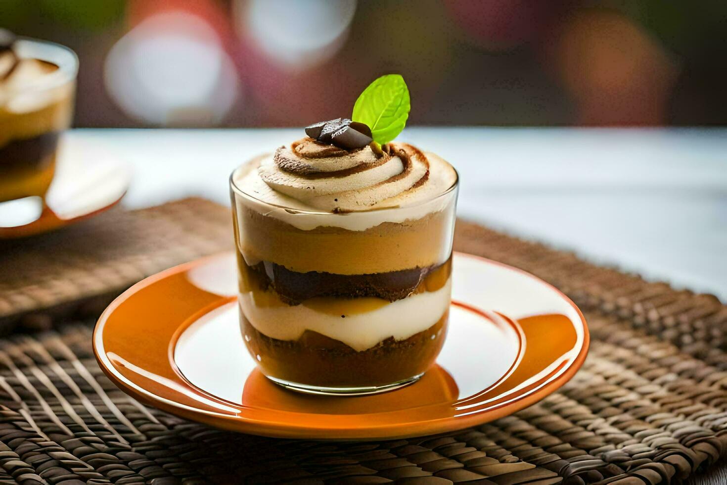 two dessert dishes on a table with a coffee cup. AI-Generated photo
