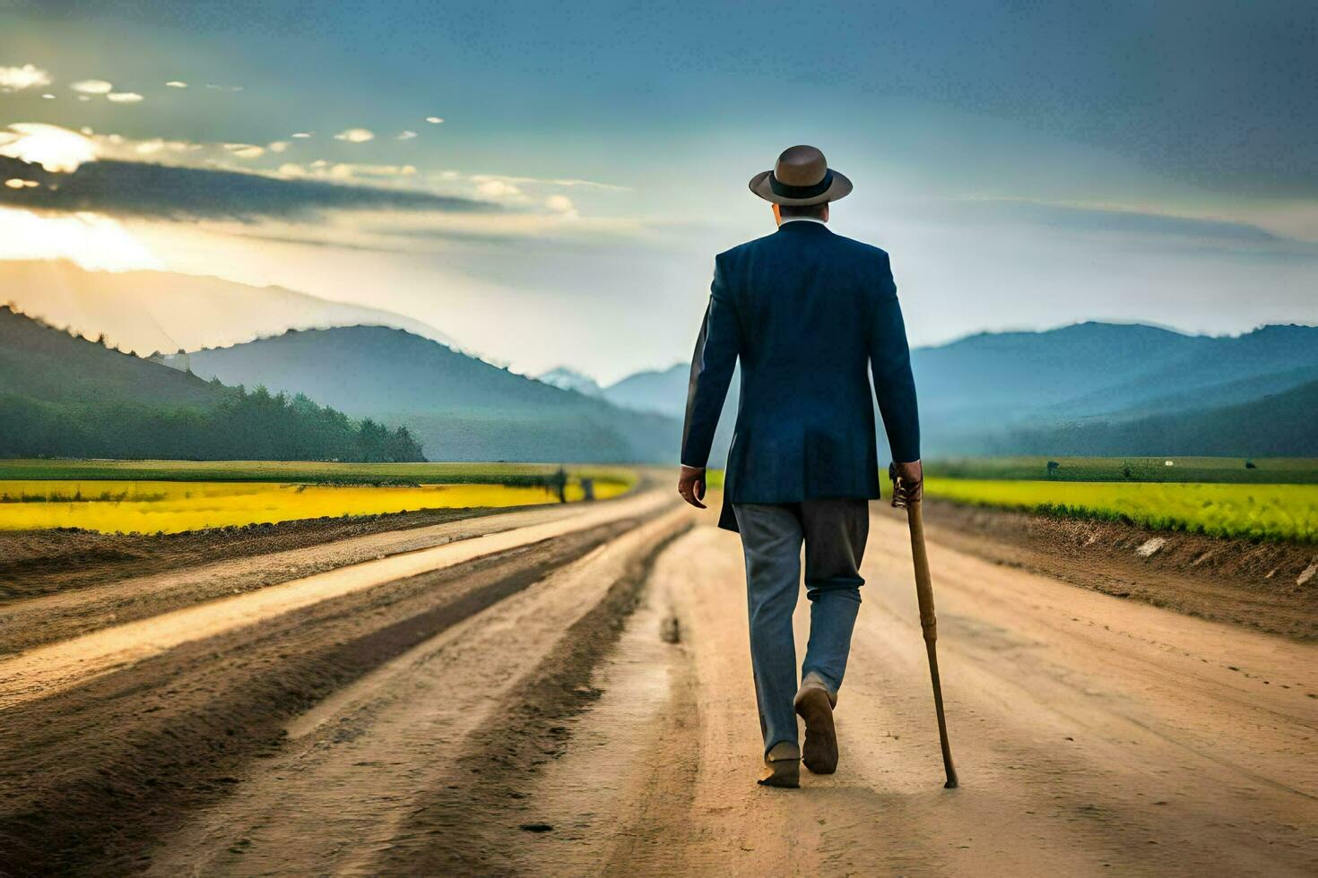 a man in a suit and hat walking down a dirt road. AI-Generated photo