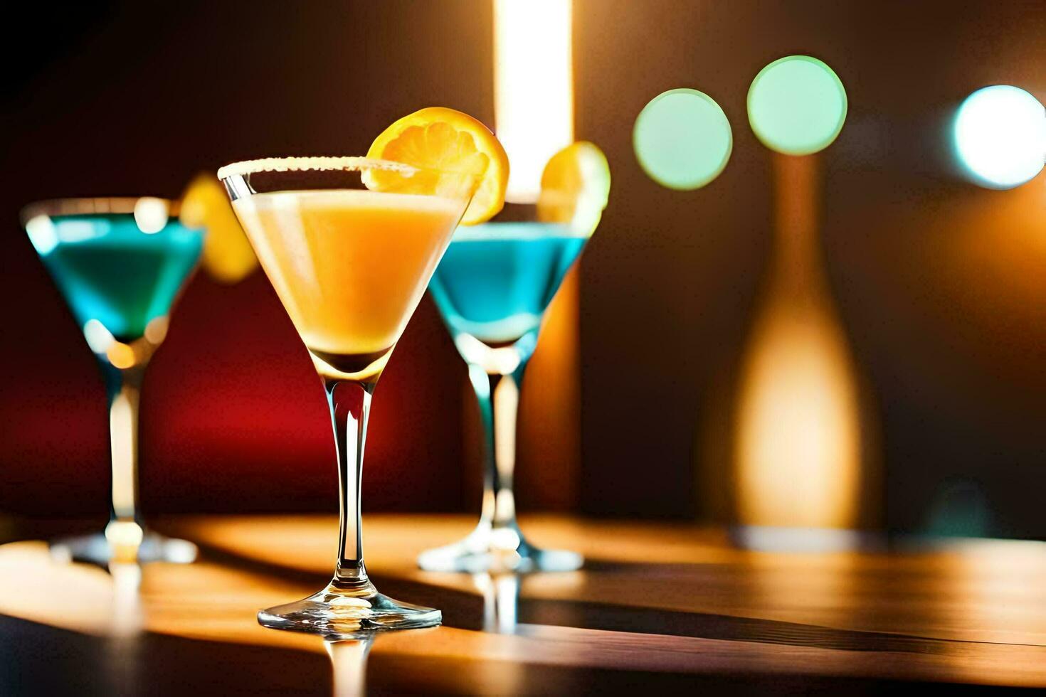 three colorful cocktails sit on a table. AI-Generated photo