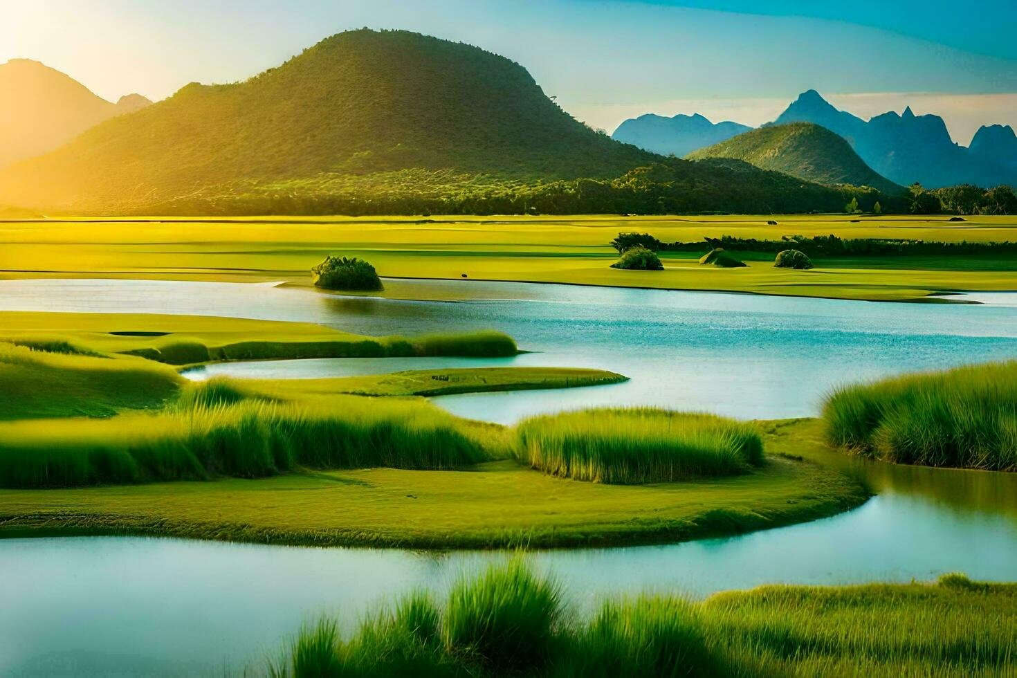 the sun rises over a river and grassy fields. AI-Generated photo
