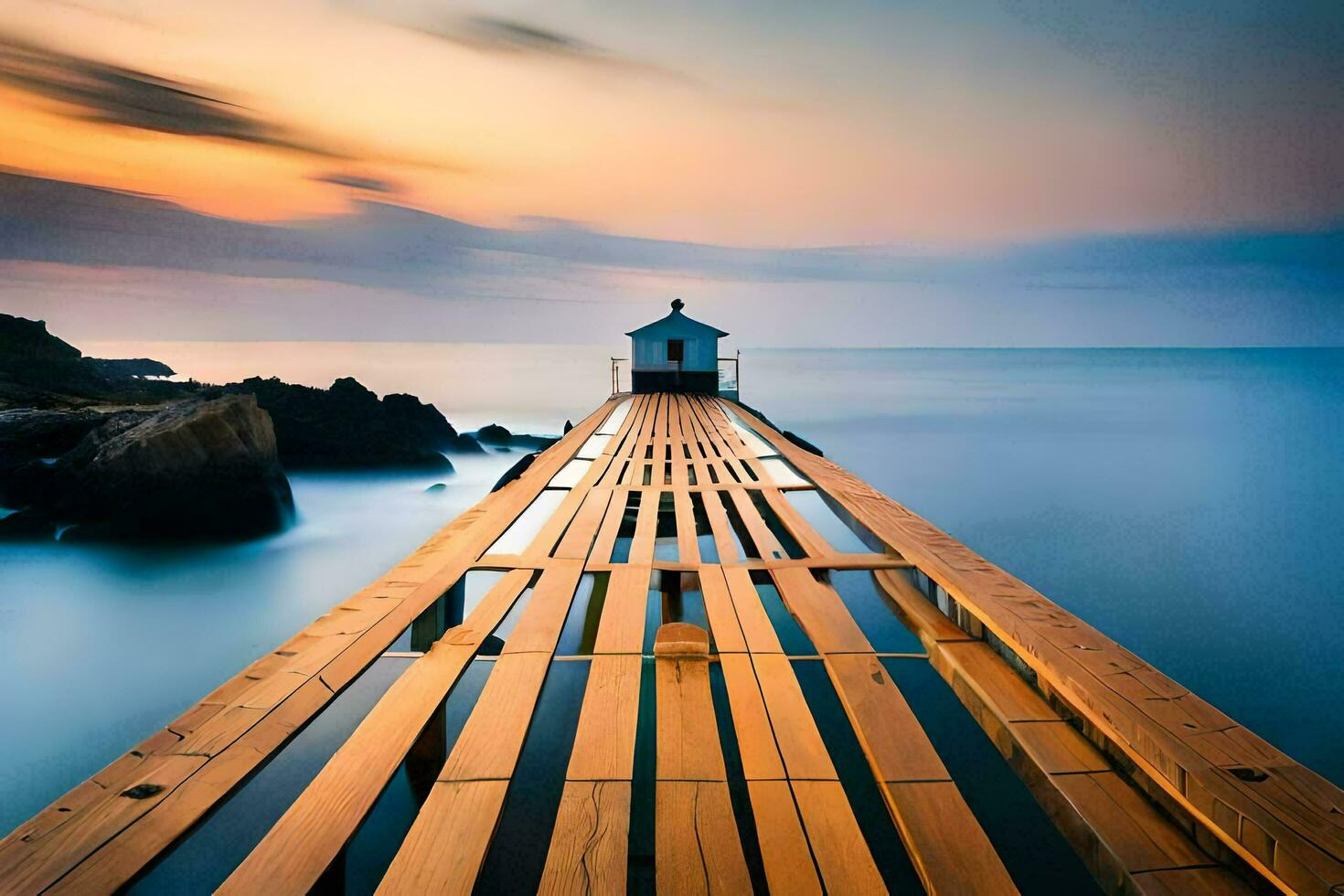 a wooden pier with a house on it at sunset. AI-Generated photo