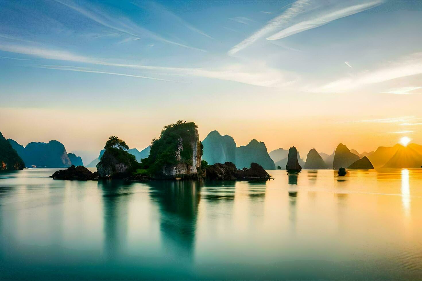 the sun sets over the water in halong bay, vietnam. AI-Generated photo