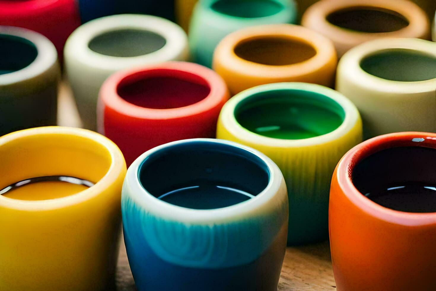 colorful ceramic cups are arranged on a table. AI-Generated photo