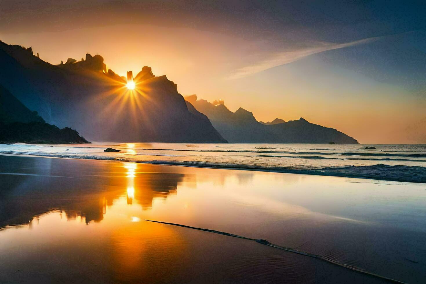 the sun rises over the ocean and mountains. AI-Generated photo