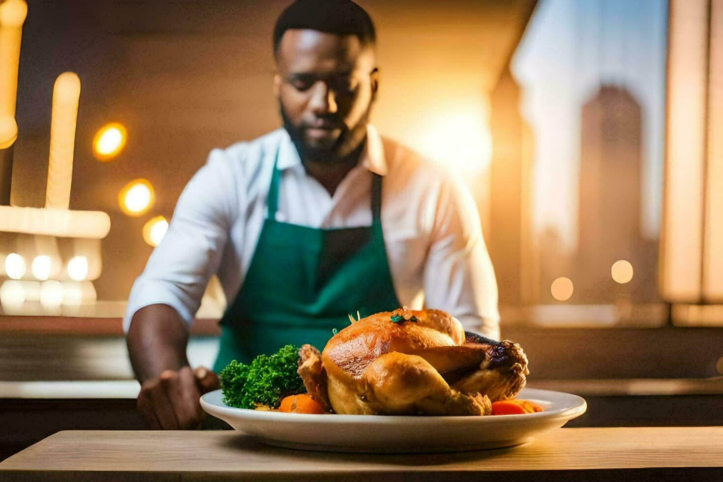 a man in an apron is preparing a turkey. AI-Generated photo