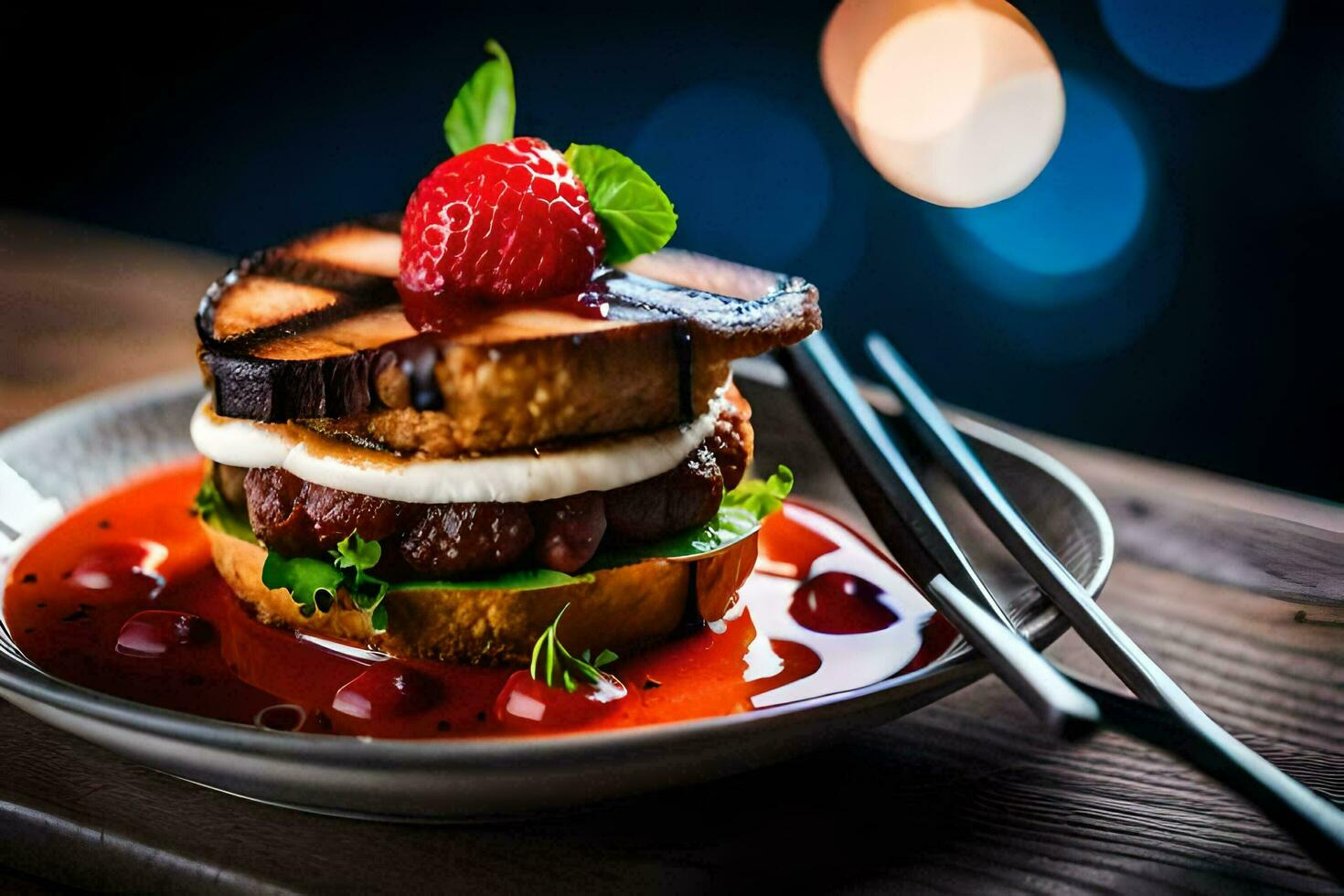 a plate with a burger and strawberry on it. AI-Generated photo