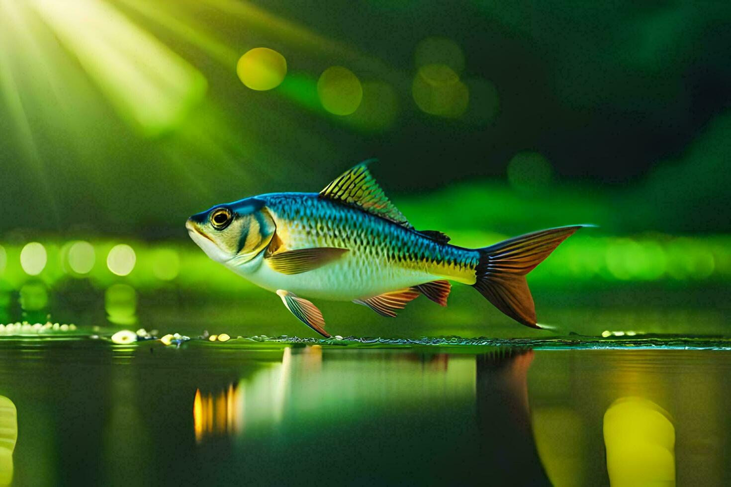 a fish is standing on the water with sunlight shining on it. AI-Generated photo