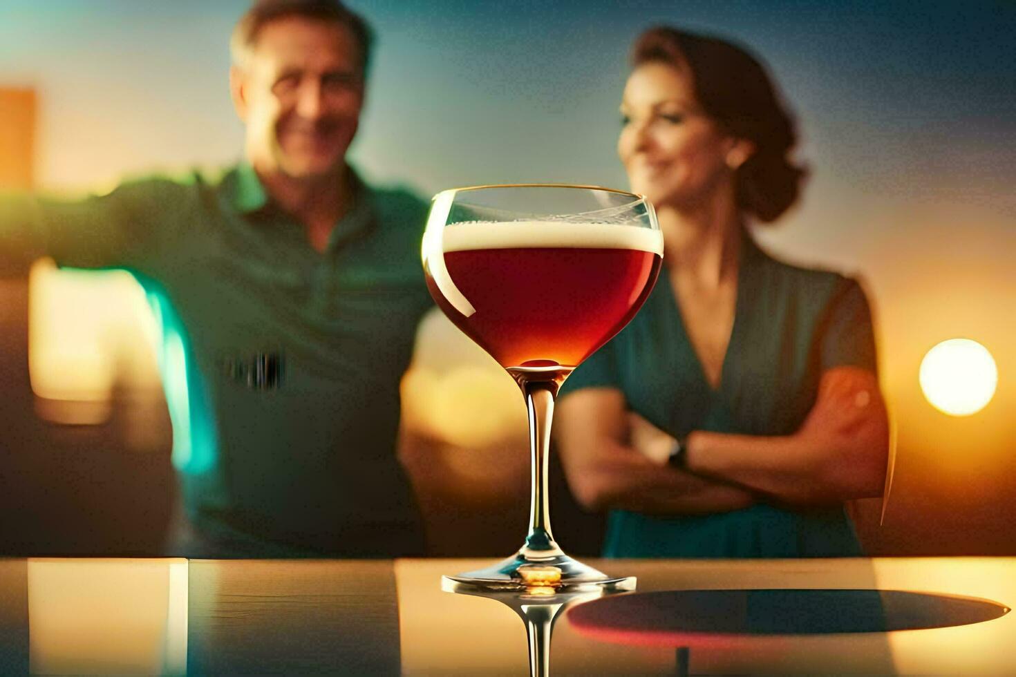 a man and woman standing in front of a glass of wine. AI-Generated photo