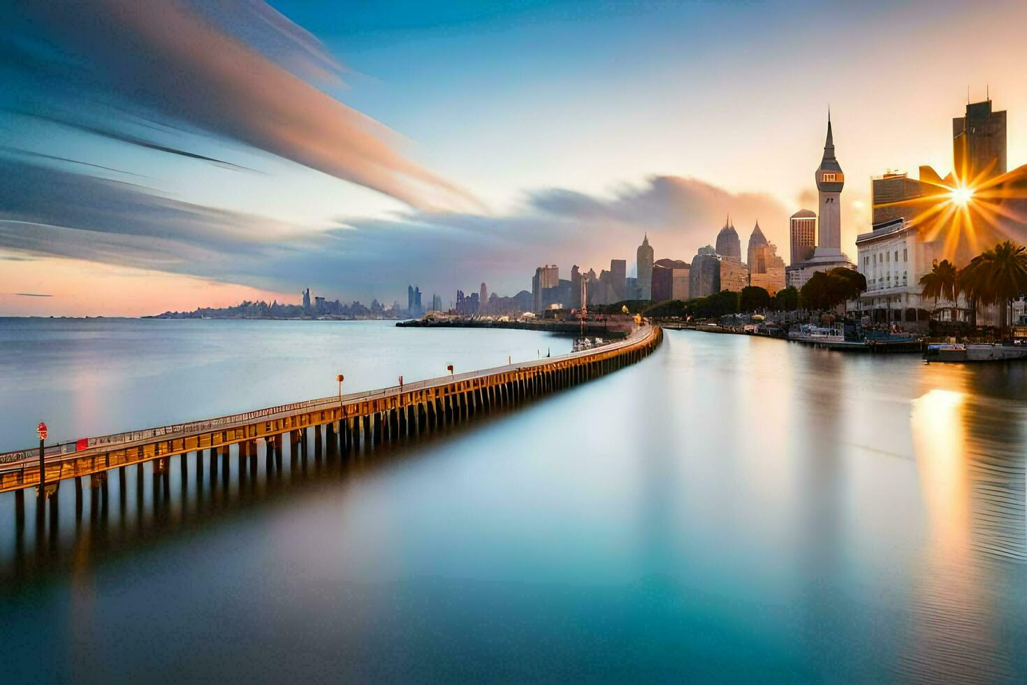 the city skyline is seen from a pier in the water. AI-Generated photo