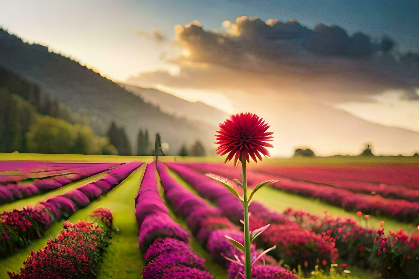 un flor en un campo a puesta de sol. generado por ai foto