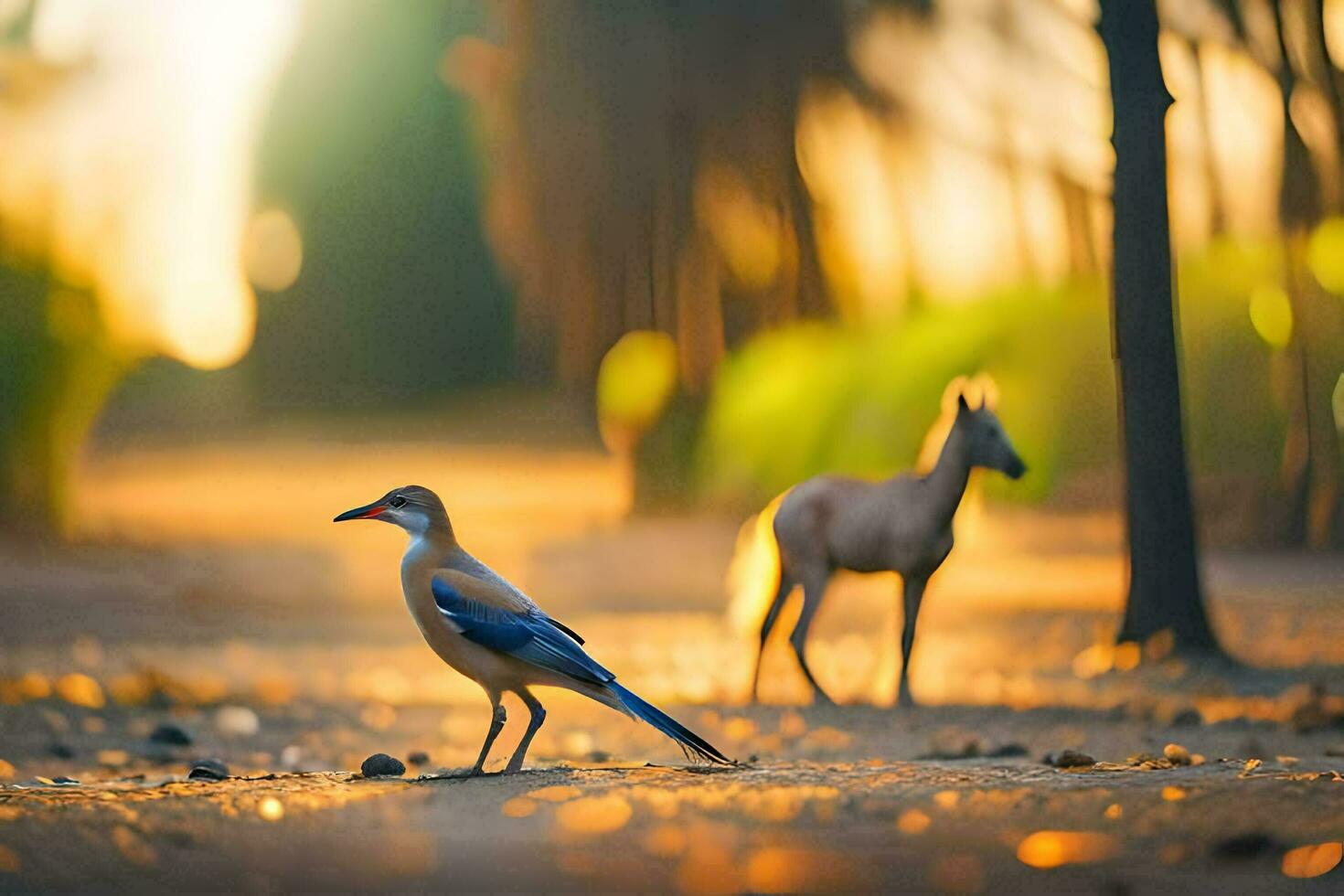 un pájaro y un caballo en pie en el medio de un la carretera. generado por ai foto