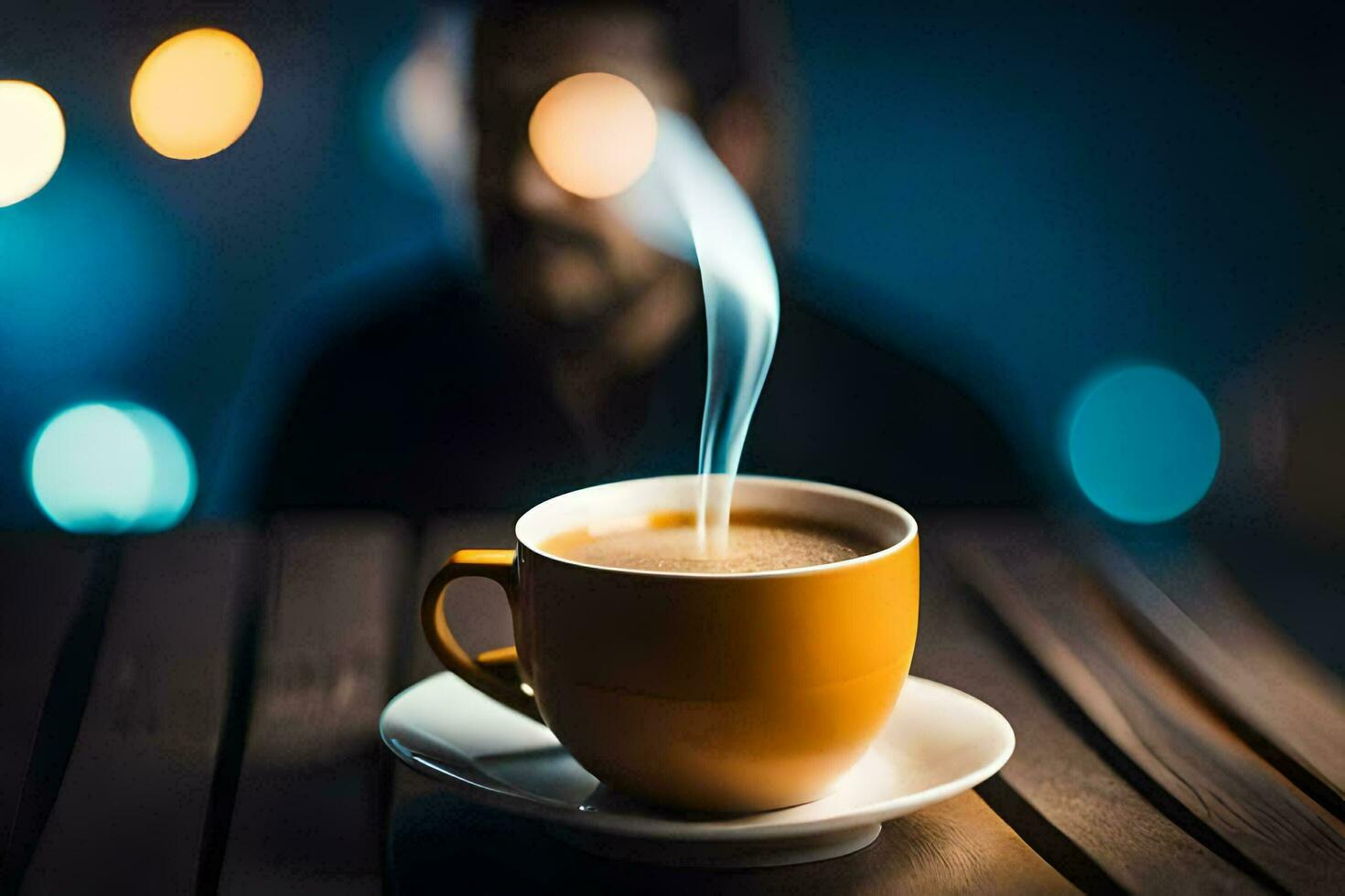 a coffee cup with steaming hot coffee on a wooden table. AI-Generated photo