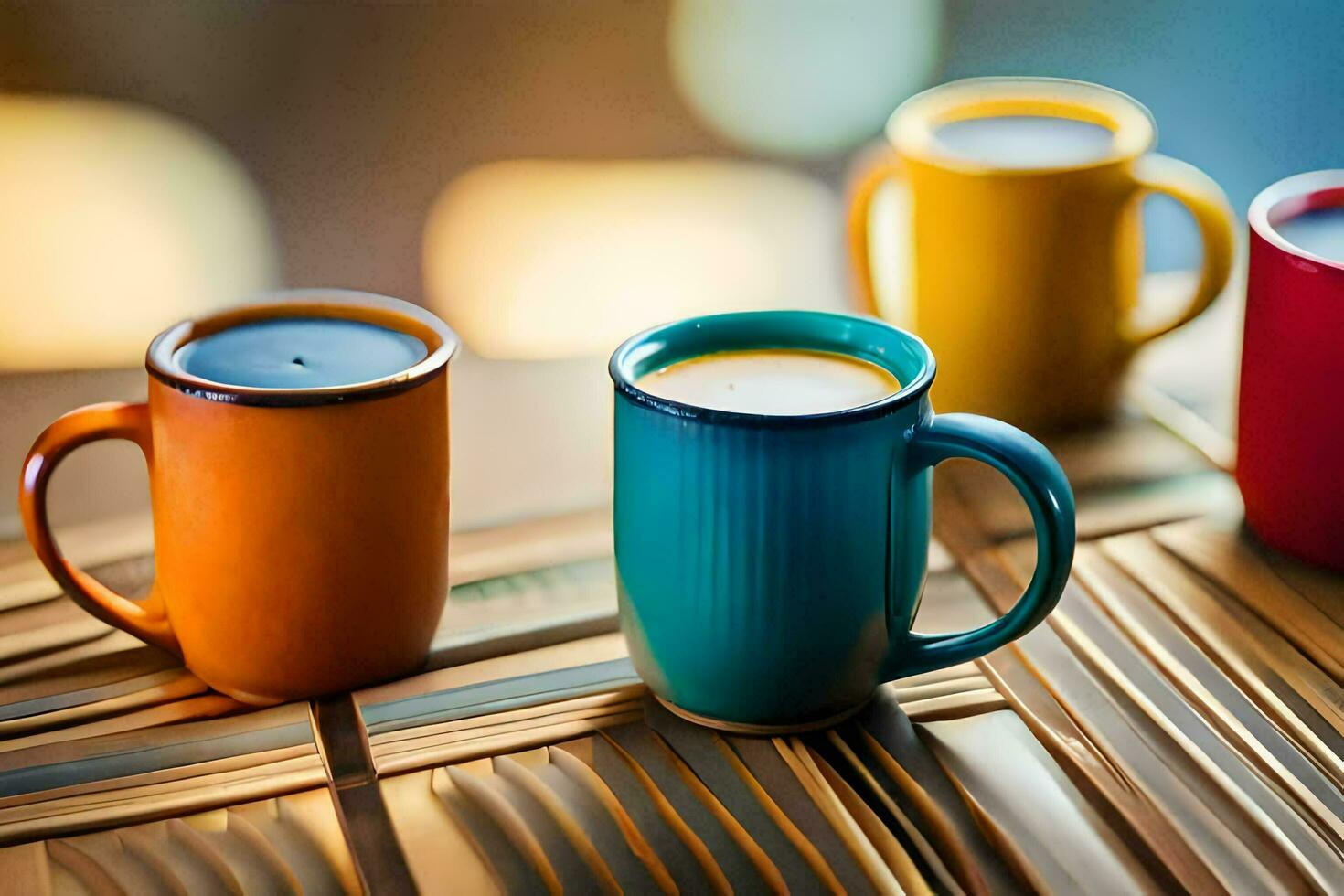 colorful coffee cups on a wooden table. AI-Generated photo