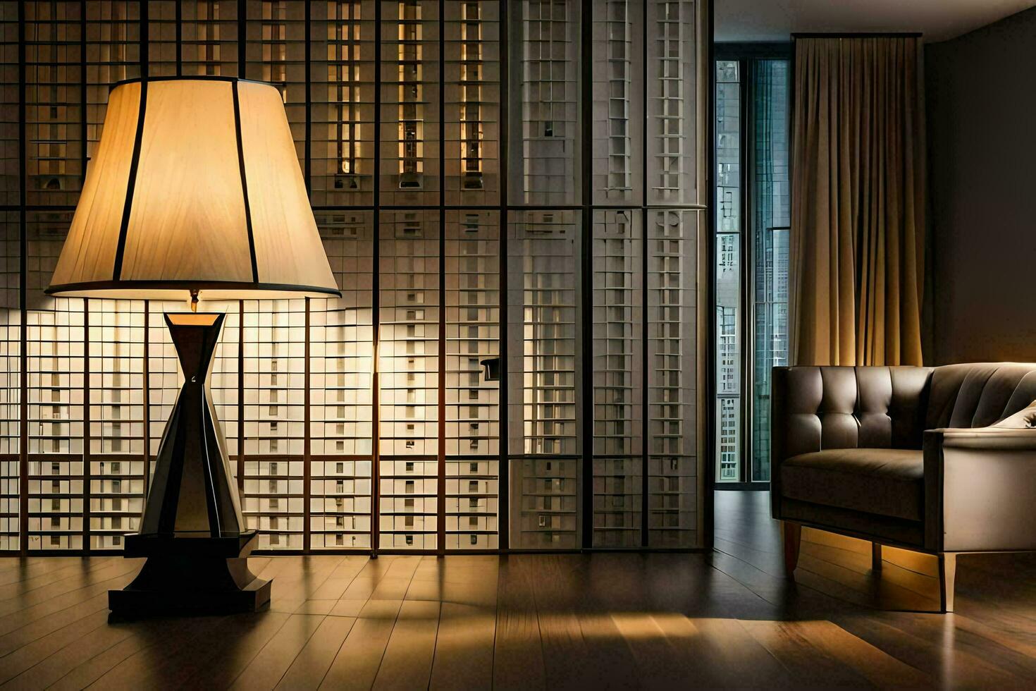 a lamp is sitting on a wooden floor in front of a wall. AI-Generated photo