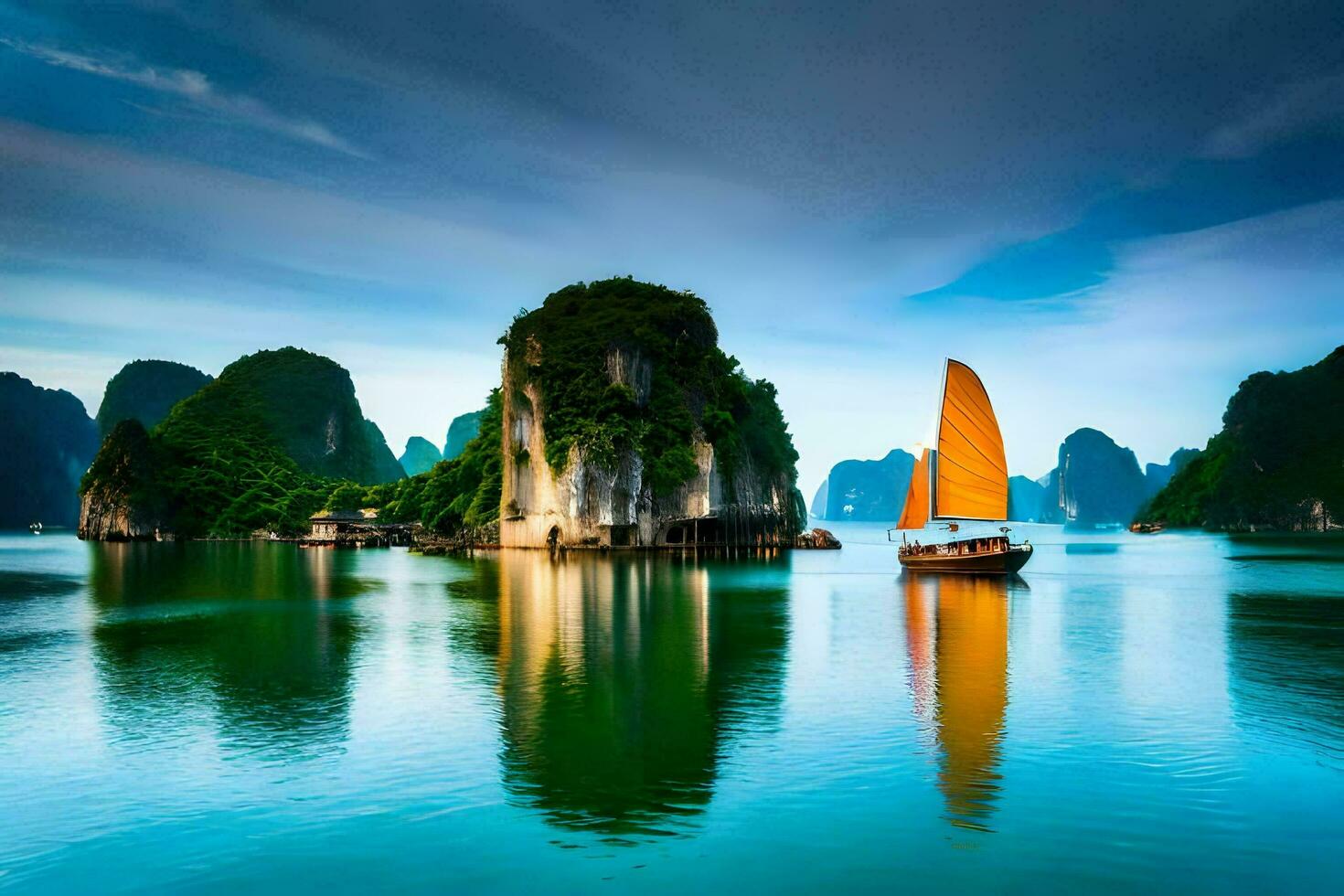 a boat sailing in the water near some mountains. AI-Generated photo