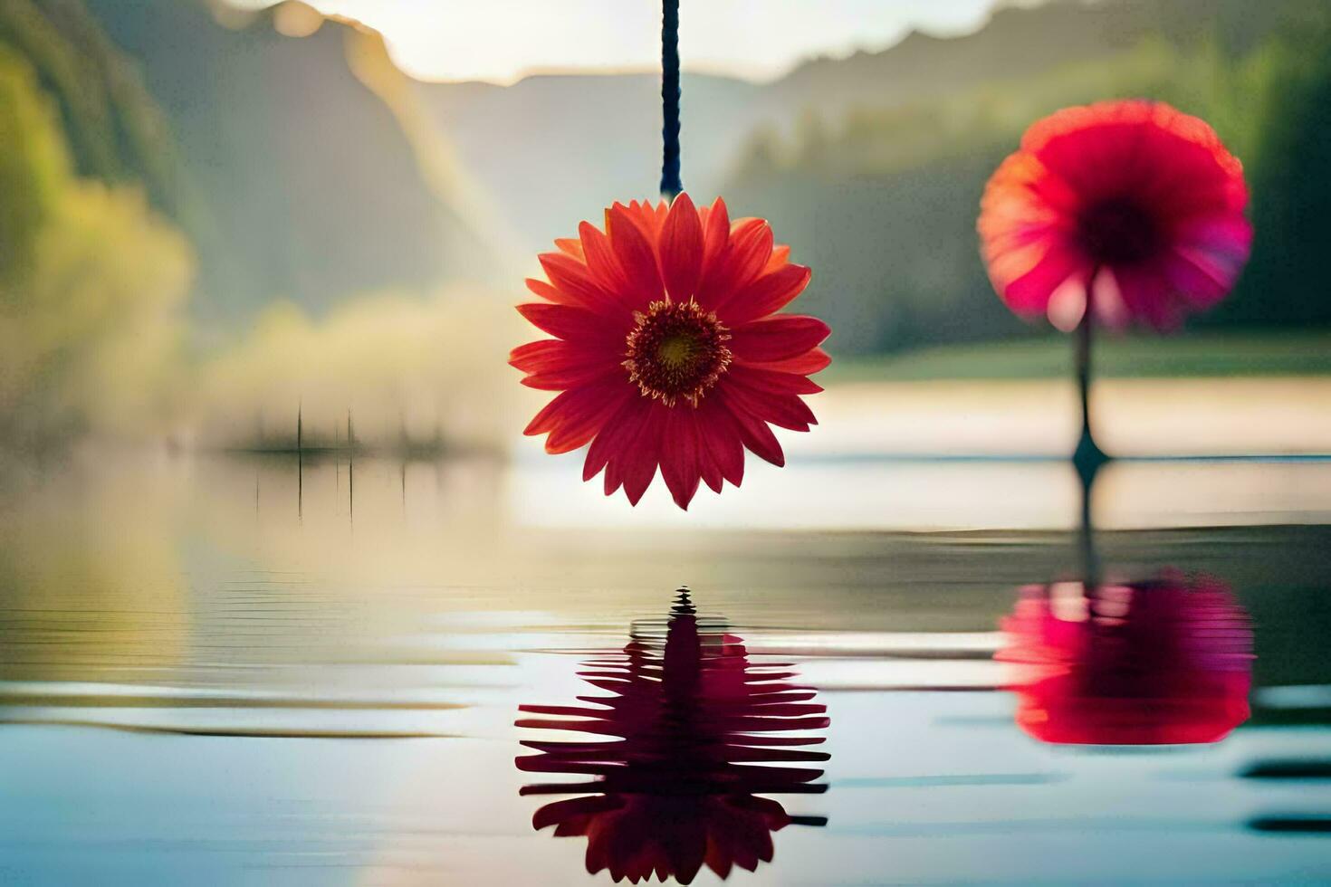 a red flower hanging from a rope in the water. AI-Generated photo