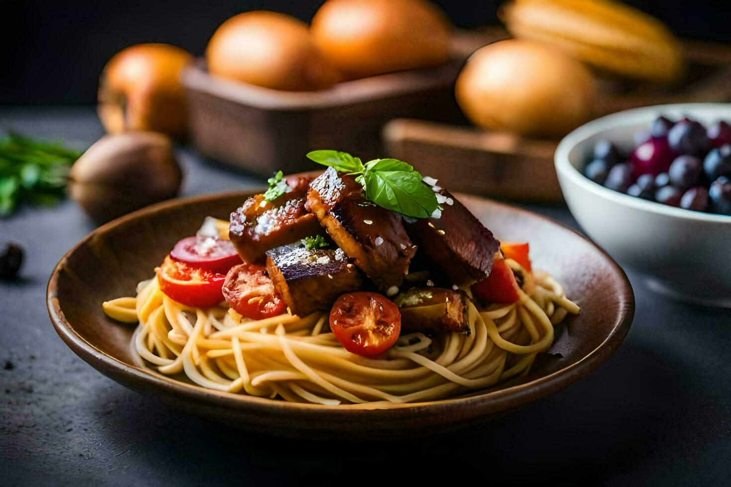 spaghetti with meat and tomatoes in a bowl. AI-Generated photo