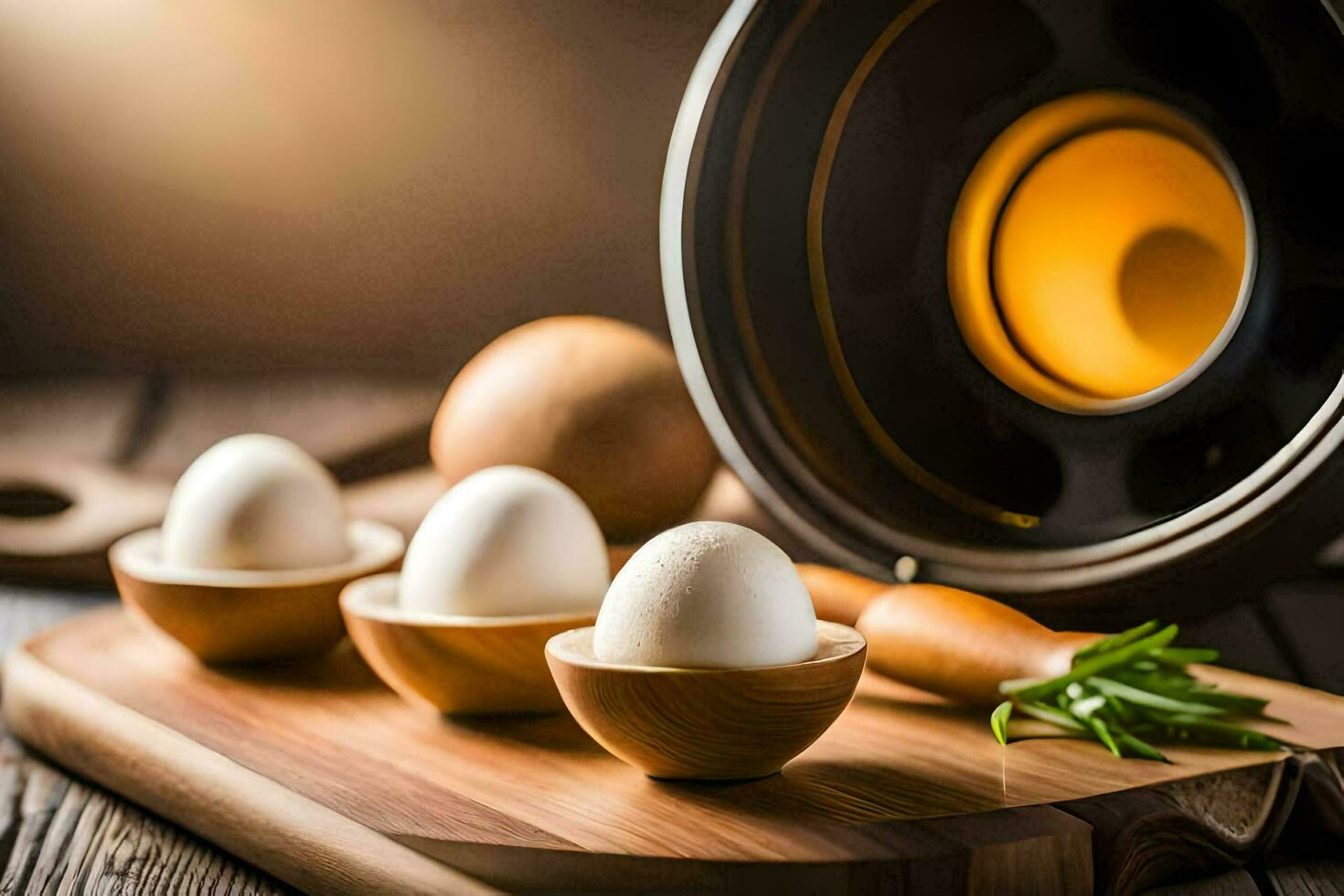 eggs in wooden bowls with a pan on a cutting board. AI-Generated photo