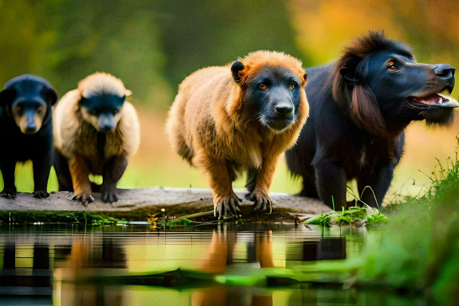 four dogs standing on a log by a river. AI-Generated photo