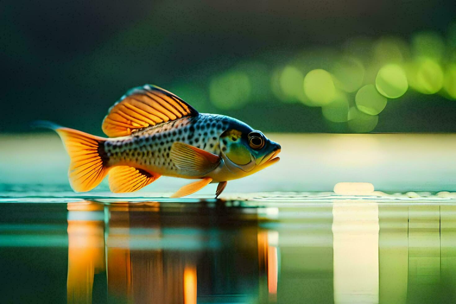 a fish is standing on the water with a green background. AI-Generated photo