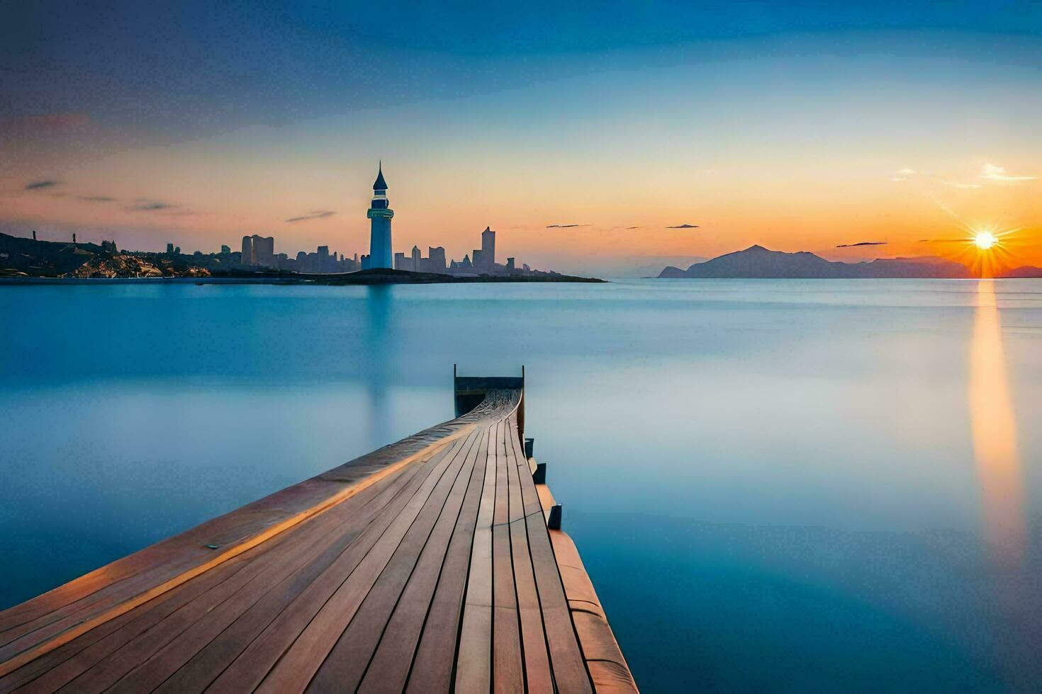 a wooden pier in the water with a city in the background. AI-Generated photo