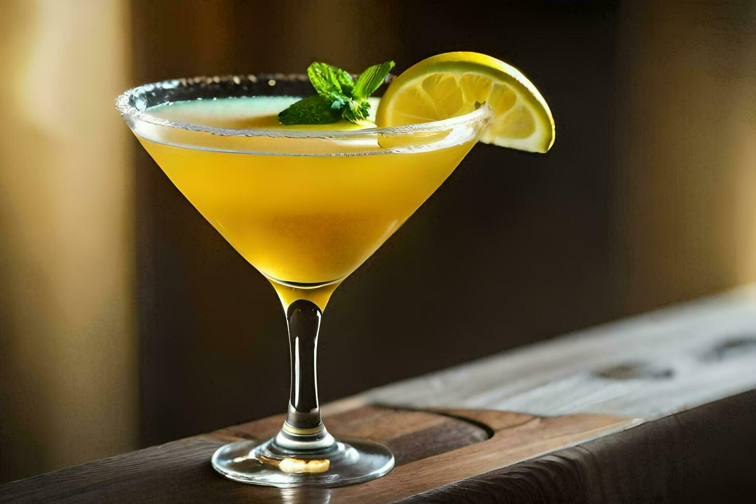 a cocktail with a lemon wedge and mint. AI-Generated photo