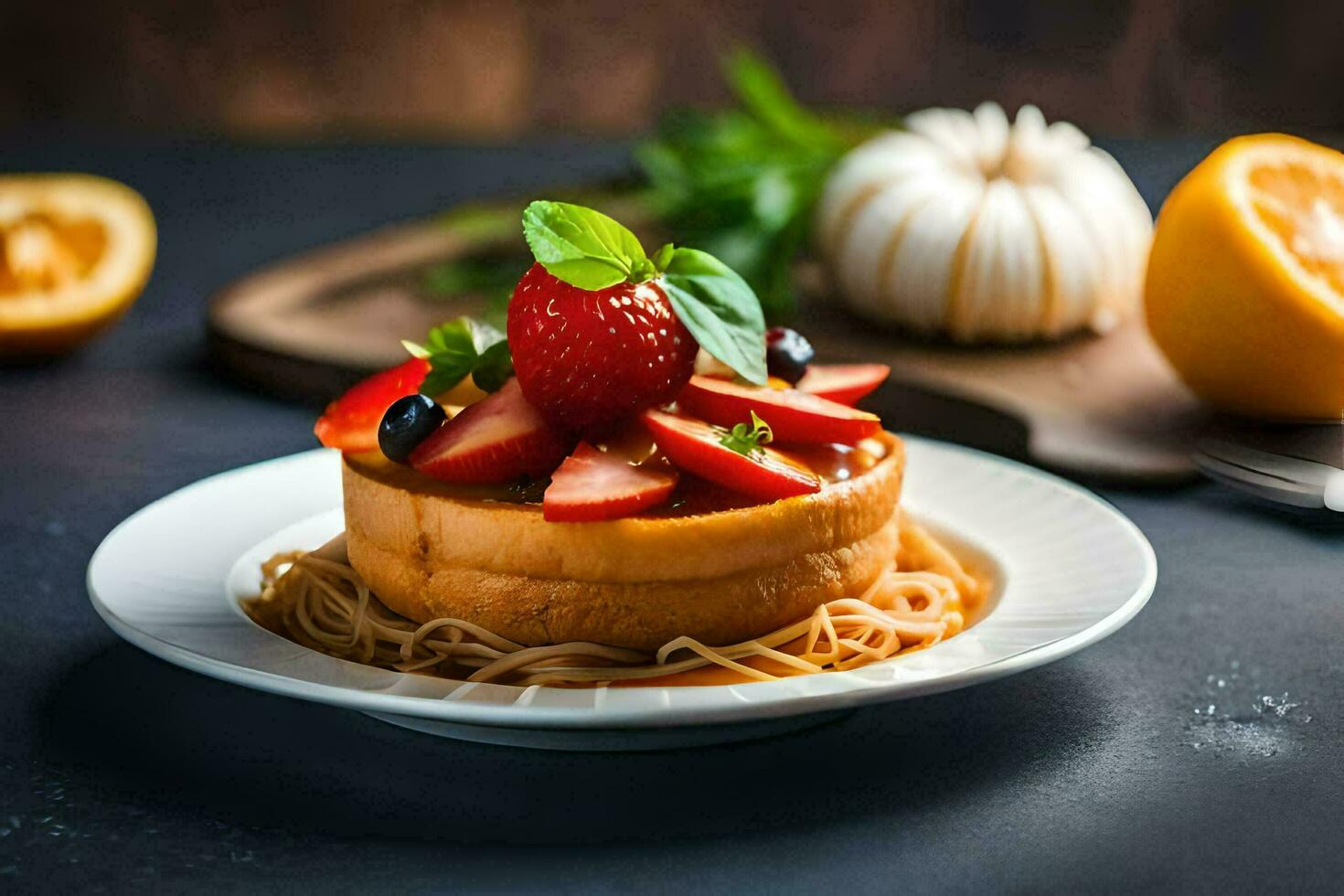 a plate with a cake topped with strawberries and tomatoes. AI-Generated photo